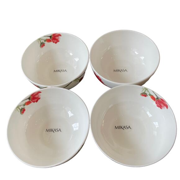 Mikasa Kiera Red Poppy Floral Porcelain Salad Bowls 6in Ceramic Set of 4 NEW - Picture 5 of 10